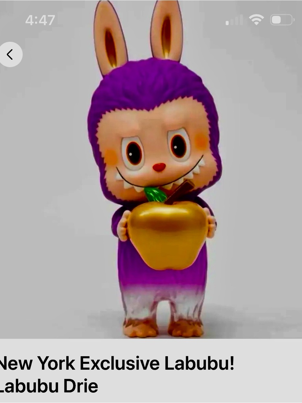 New York PopMart exclusive - Purple Drie Labubu Holding Gold Apple